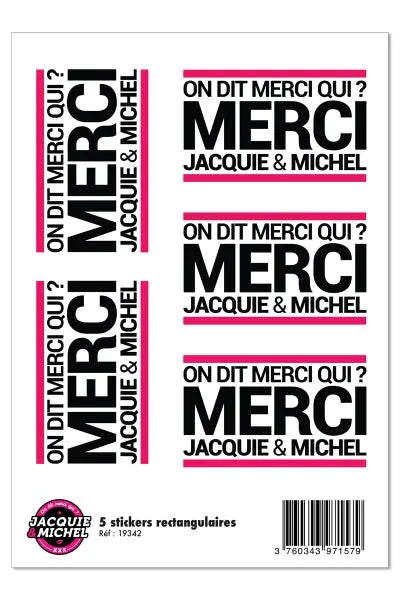 5 stickers J&M blanc logo rectangle Jacquie & Michel