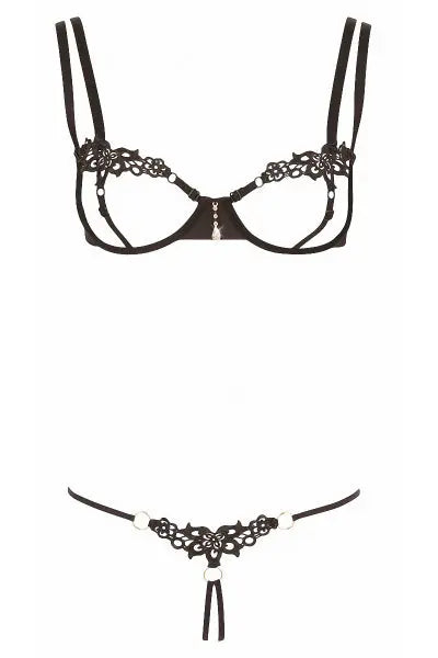 Ensemble dentelle string ouvert et seins nus noir - Cottelli Lingerie Cotelli Lingerie