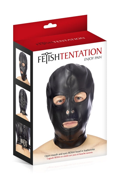 Cagoule BDSM 3 ouvertures en simili cuir - Fetish Tentation Fetish Tentation